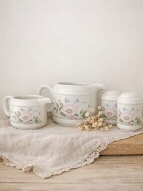 White Floral Ceramic Sugar, Creamer and Spice Jar Set